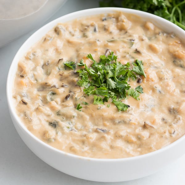Vegan Creamy Wild Rice Soup with Mushrooms, Sweet Potatoes, and Kale
