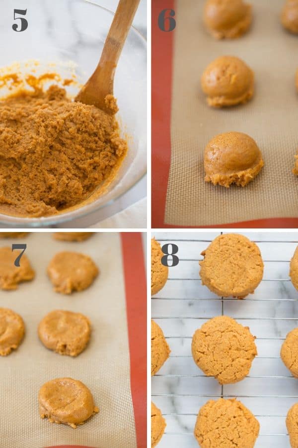 collage of four images of pumpkin cookie dough in glass bowl, pumpkin cookie dough on cookie sheet, flattened dough on cookie sheet, and cookies on cooling rack