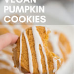 fingers holding vegan pumpkin cookie with text overlay