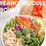 colorful vegetables arranged in white bowl with rice noodles and text overlay