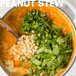 Vegan African peanut stew in white Dutch oven with marble background