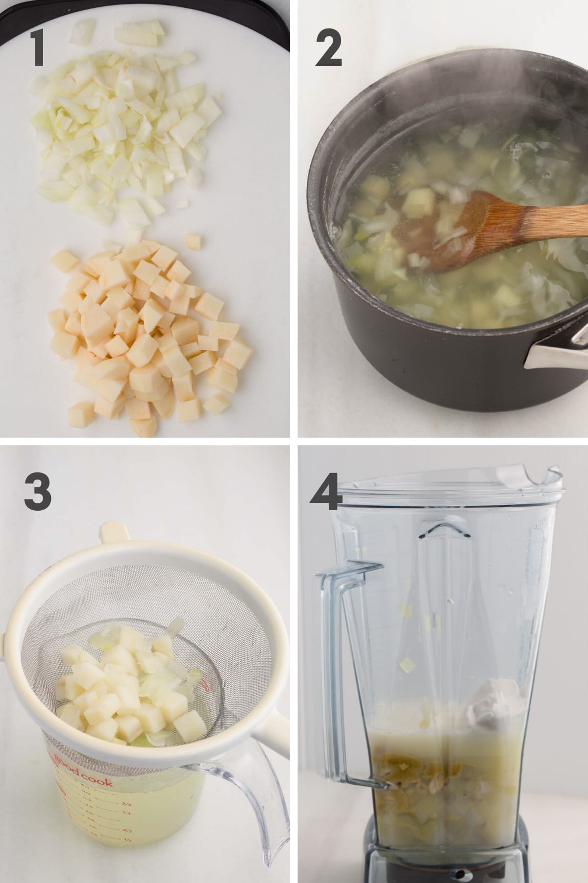 Steps 1-4 of making vegan alfredo: chopped potatoes and onions on cutting board, potatoes and onion boiling in saucepan, cooked potatoes and onion in strainer over measuring device, and alfredo ingredients in upright blender
