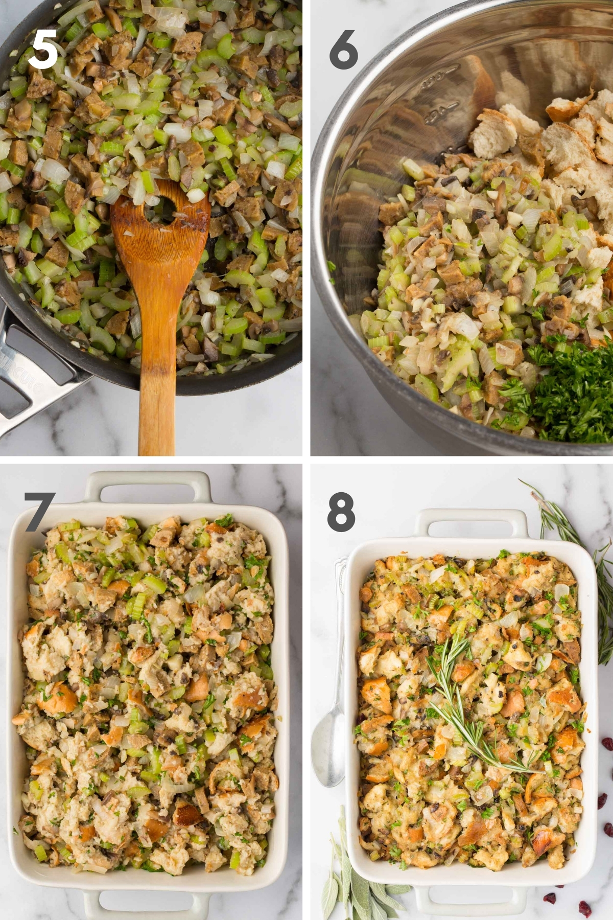 steps 5-8 of making vegan stuffing: sautéed veggies in skillet, sautéed veggies and toasted bread in metal mixing bowl with fresh parsley, uncooked stuffing in white and gray baking dish, and finished cooked stuffing in white and gray baking dish with white marble background.